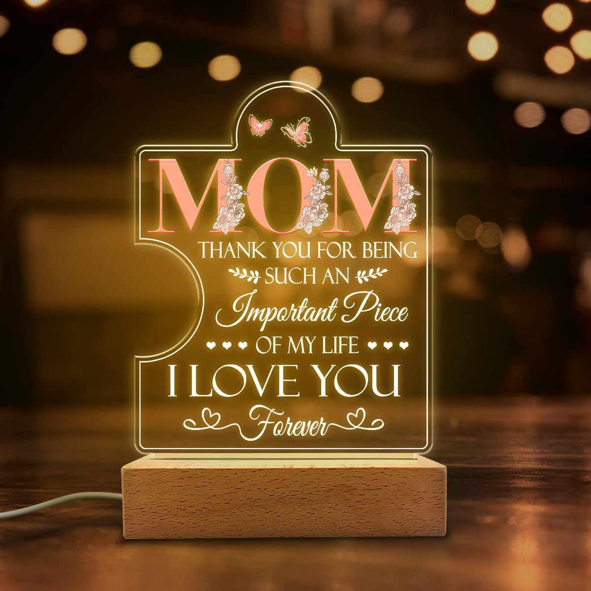 MAKINGTEC Acrylic Night Light for Mom - Thank You for Being an Important Piece of My Life - Night Light Lamp Gift for Moms from Daughter and Son on Birthday, Christmas, and Valentine's Day