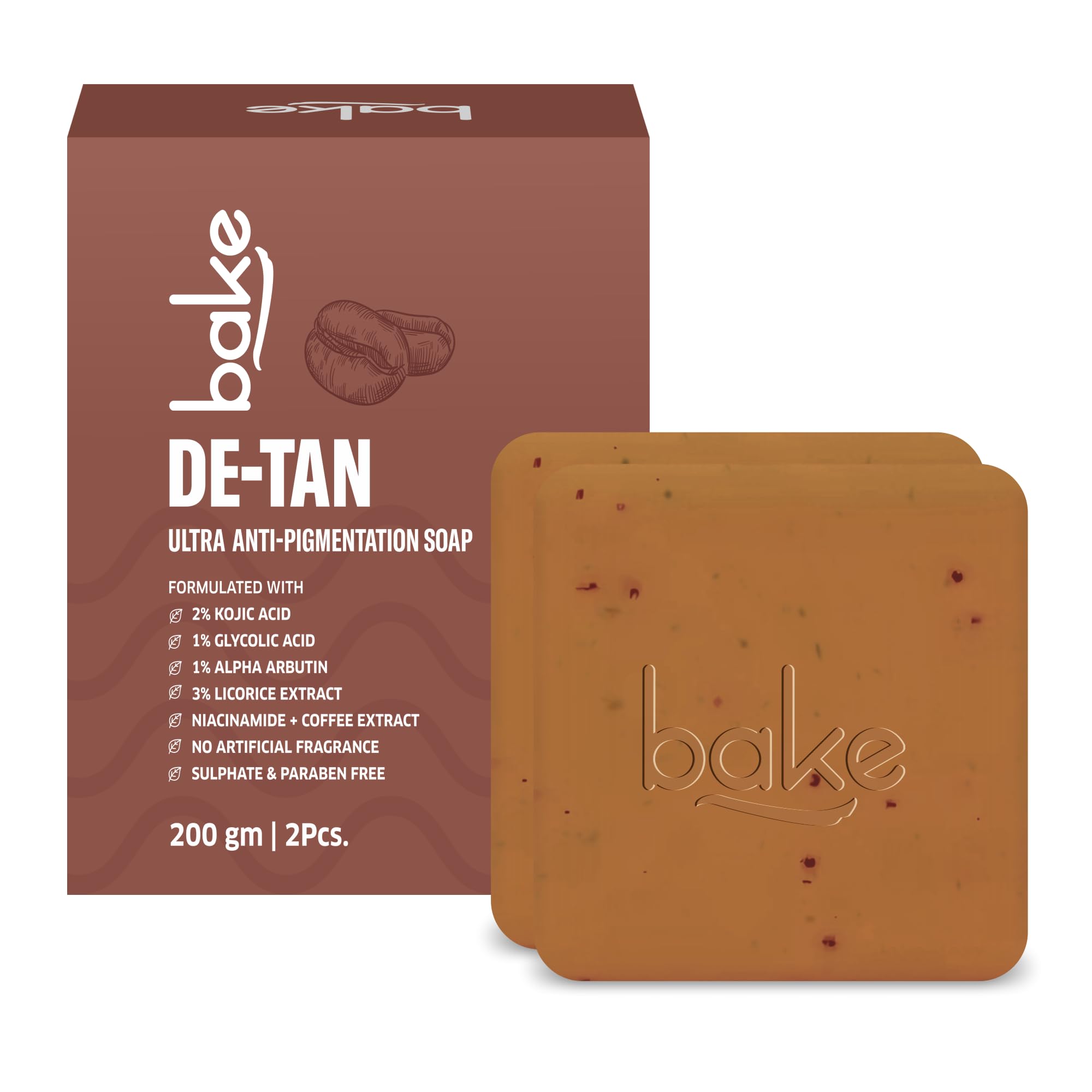 BAKE De-Tan Scrub Treatment Coffee Soap (200Gms Pack of 2) | Ultra Pigmentation Soap for Tan Removal | With 2% Kojic Acid, 1% Glycolic Acid, 1% Alpha Arbutin | | For Pigmentation, Dark Spots & Tan Removal | For Women & Men | 100g x 2-image-12