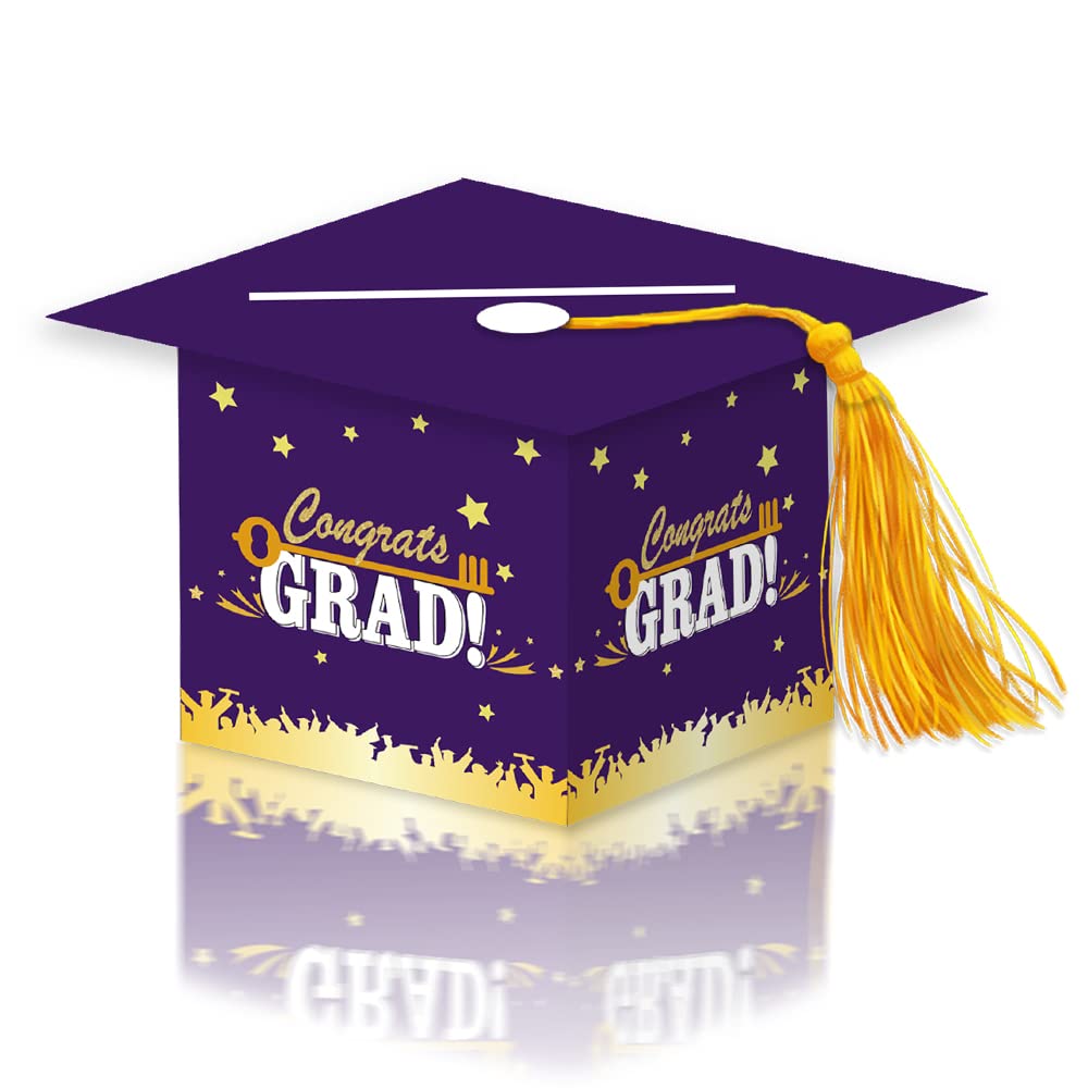 2026 Graduation Party Card Box, Purple Gold Congrats Cap Card Holder Box with Tassel for 2026 Graduation Party Decoration