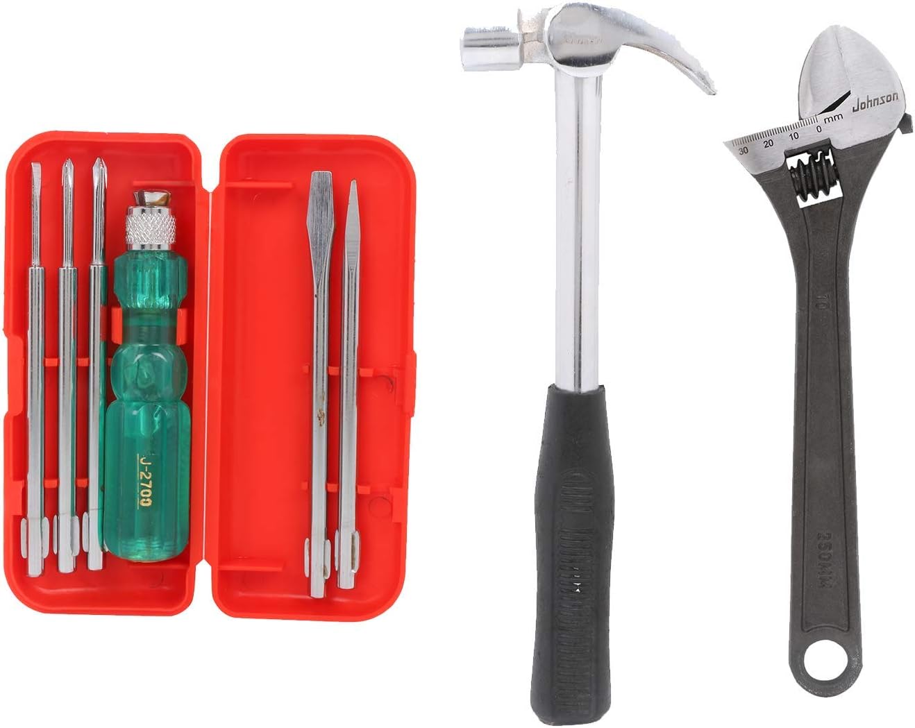 Suzec Johnson Advance Home Kit 5-Pieces Screwdriver (Multicolour) & Adjustable Wrench (300 mm) Claw Hammer Steel Shaft