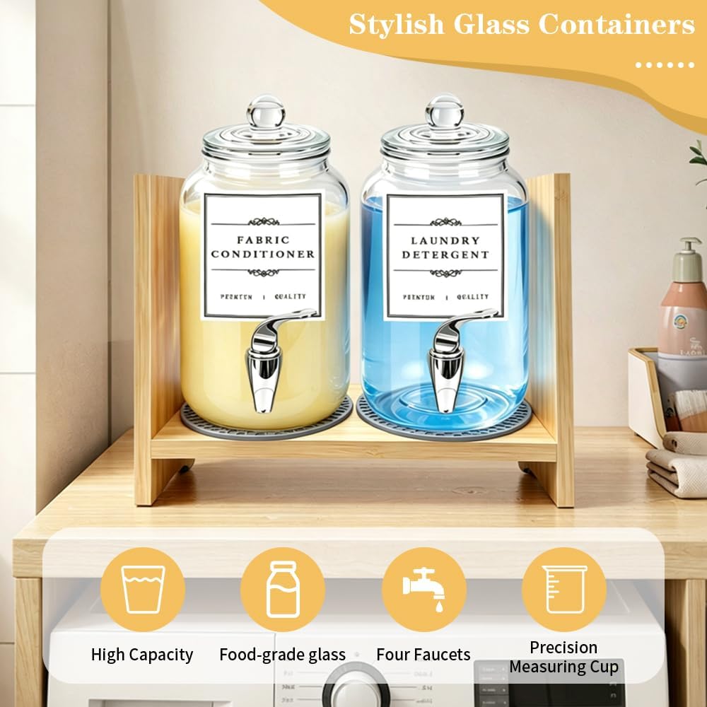 2 Laundry Detergent Dispenser 2 Glass Laundry Detergent Dispenser (108OZ) Includes Bracket Comes with 4 Faucets and 2 Non-Slip mats. Suitable for Everyday Laundry and Storing Beverages