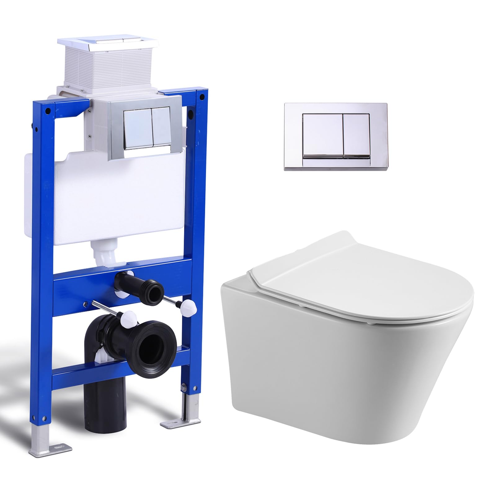 Inodoro colgante sin bordes, color negro mate con cisterna empotrada, inodoro y elemento de pared completo, placa de pulsador, inodoro de pared con tapa de cierre suave y cierre automático, cuenco