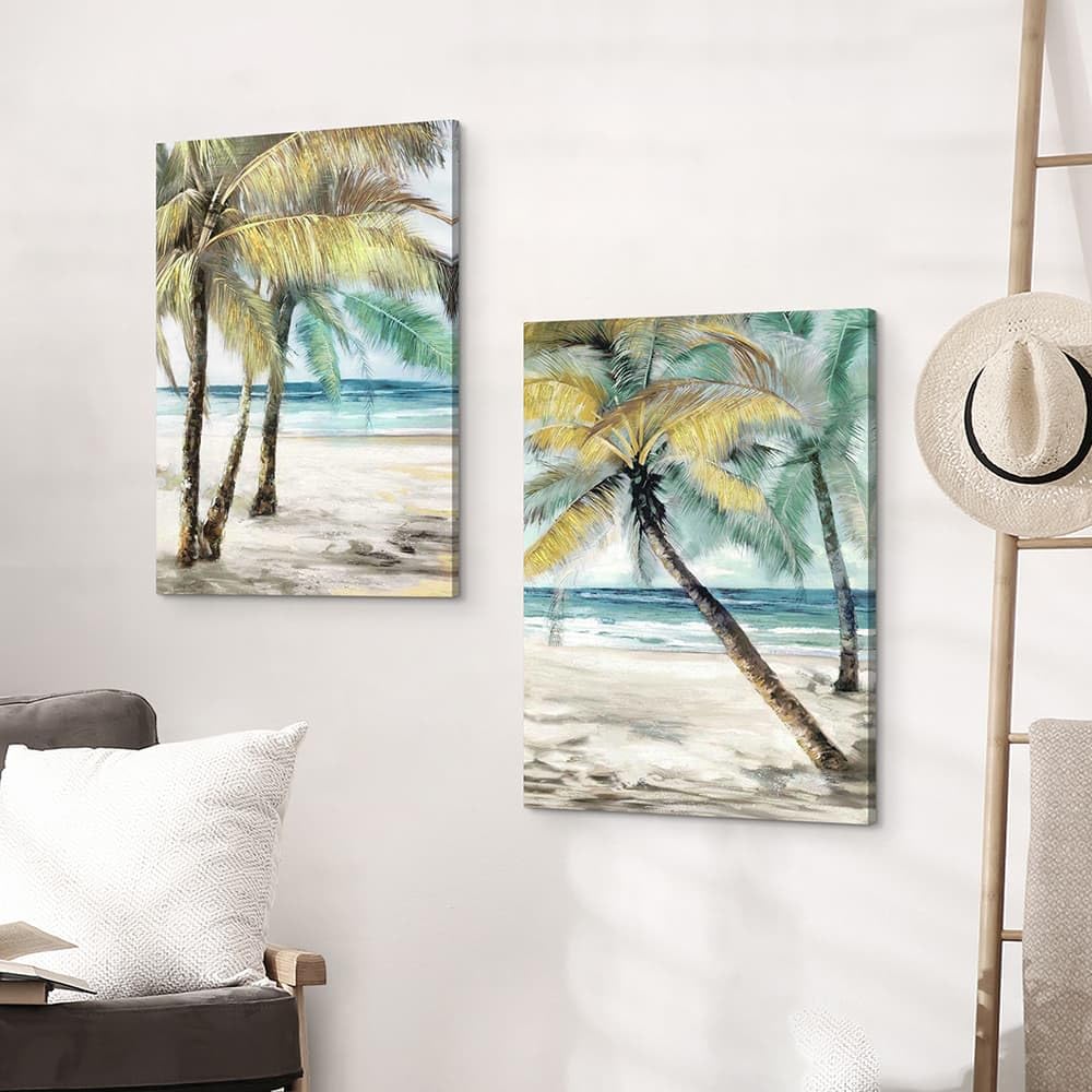 2-teilige Leinwandkunst 'Tropischer Strand' – Abstrakte Palmen & Meereswellen Fürs Schlafzimmer