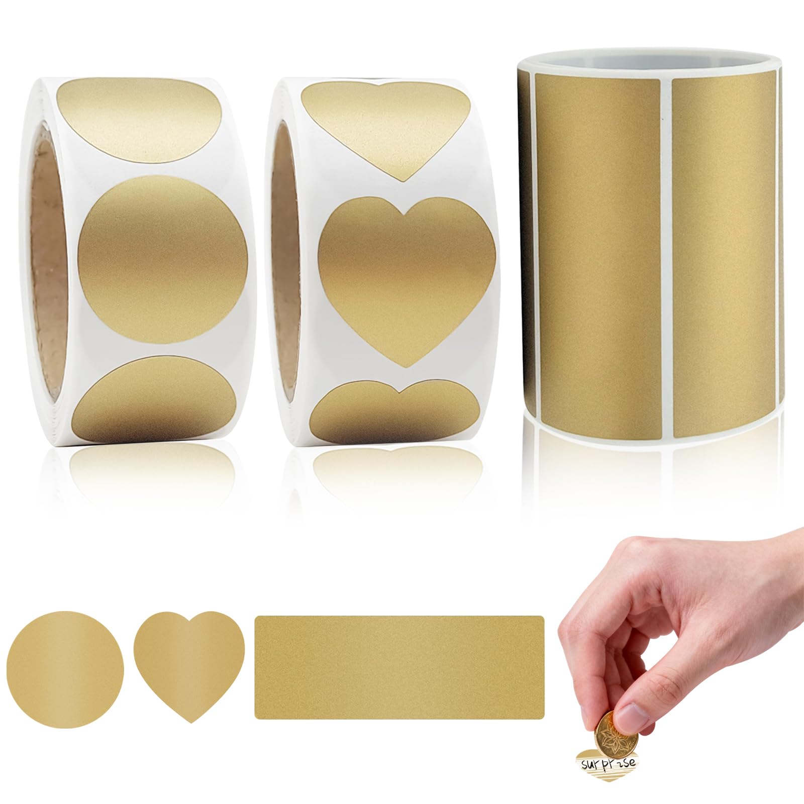 700 pcs Scratch Off Label Stickers, CNYMANY 1-inch Gold Self-Adhesive Peel and Stick DIY Labels for Games Party Gift Postcard Promotion - Circular, Heart, Rectangle