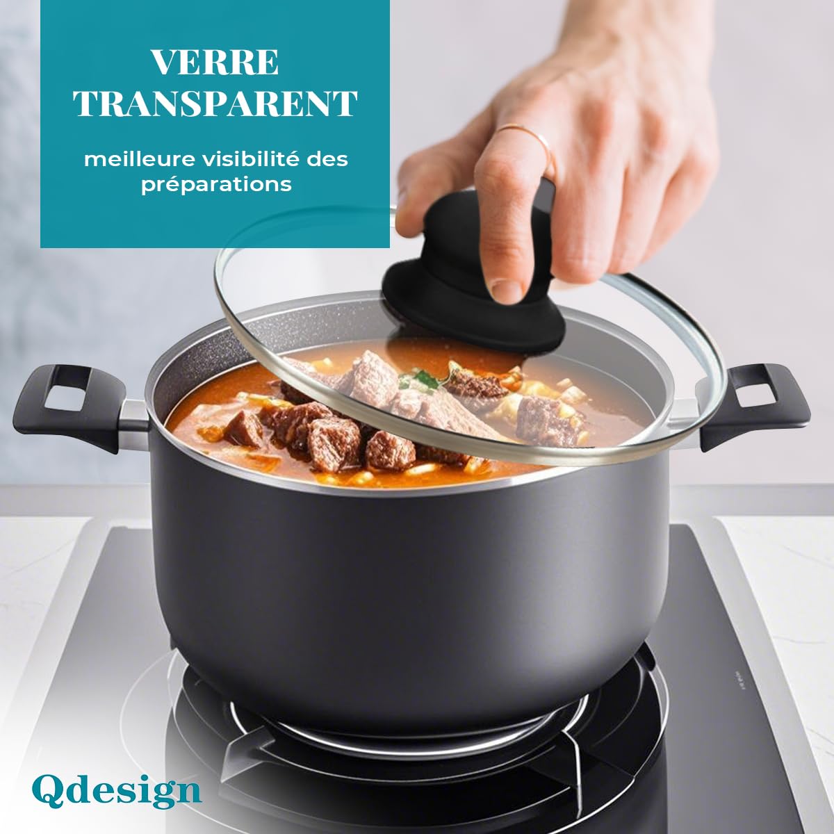 QDESIGN BLACKMARBLE+ Batterie de cuisine 6 pcs - 2 poêles + 2 casseroles en fonte d'aluminium anti-adhésif anti-rayures sans PFOA + 2 couvercles verre trempé - tous feux dont induction - Marbre noir