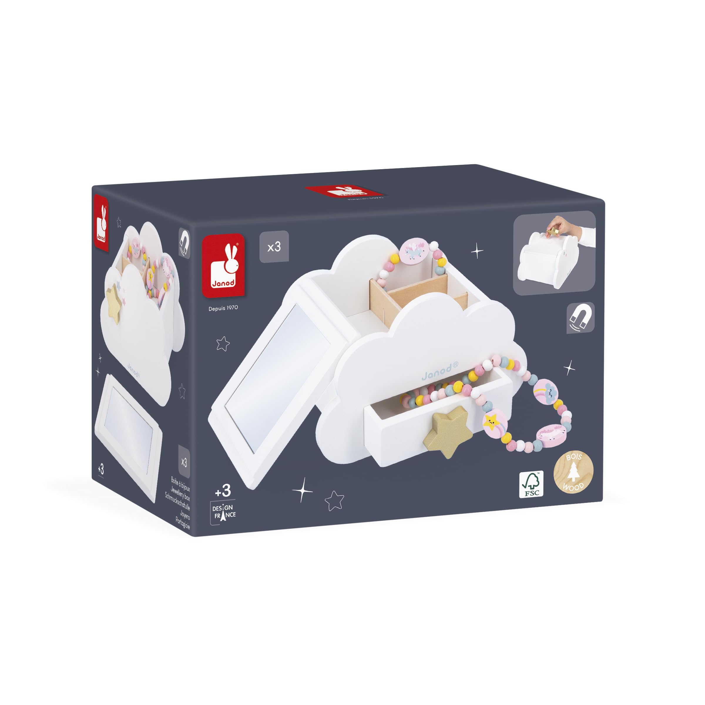 Janod Joyero con Aberturas Secretas - Viene con 1 Pulsera Unicornio y 1 Collie Unicornio - con Cajón y Espejo - 17cm x 11cm - óptimo Regalo de Cumpleaños - A Partir de 3 Años - J06462