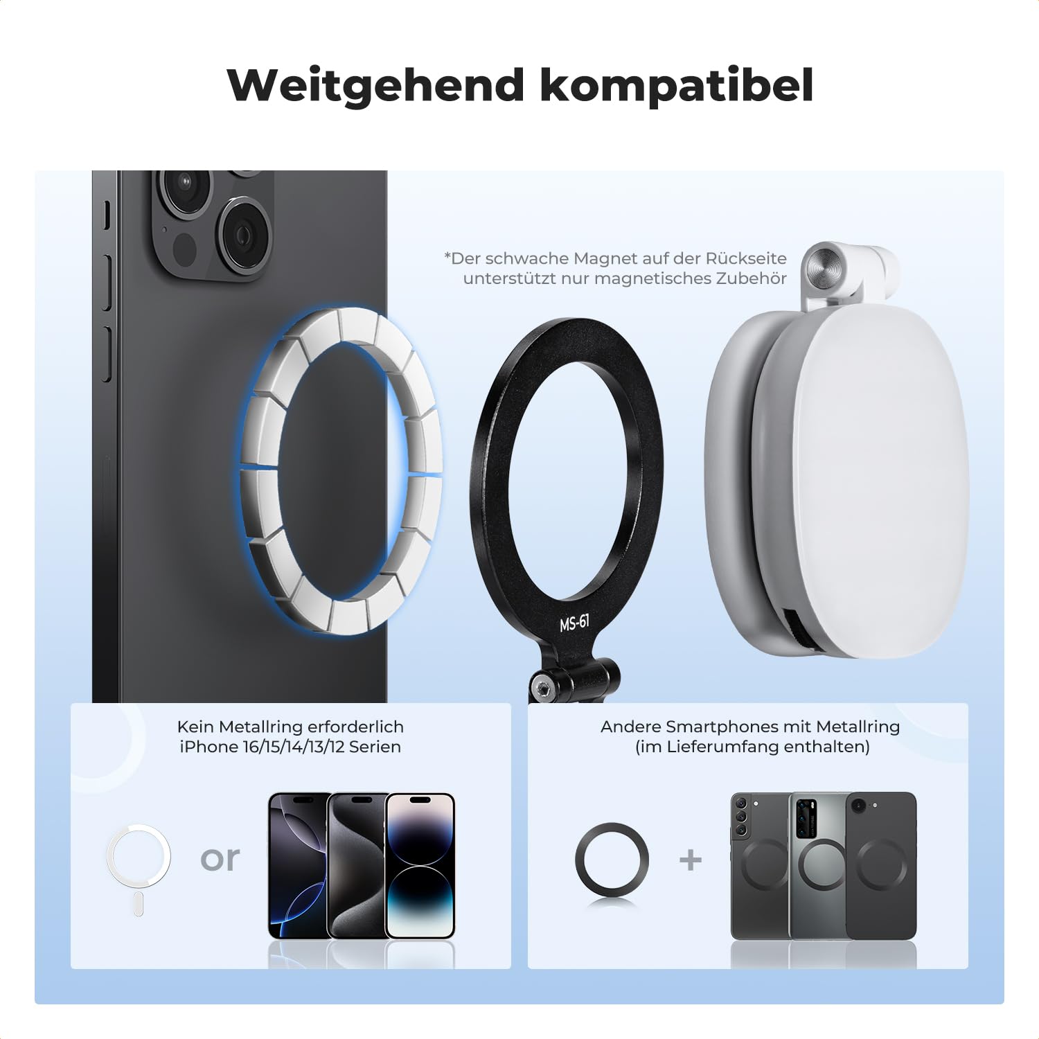K&F CONCEPT MS-61 Magnetiche Handyhalterung Stativ Handystativ aus Metall Stativadapter, Zubehör für Tripod Selfie Stick Smartphone Handyhalter kompatibel mit iPhone 17/Air/16/15/14/13 Serie
