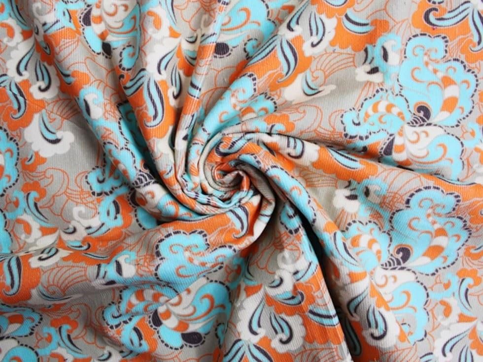 Little Johnny Cotton Needlecord Fabric Orange, Turquoise - Light, Mediumweight & Suitable for Dressmaking - Approx Width: 145cm / 57" - Sold per metre