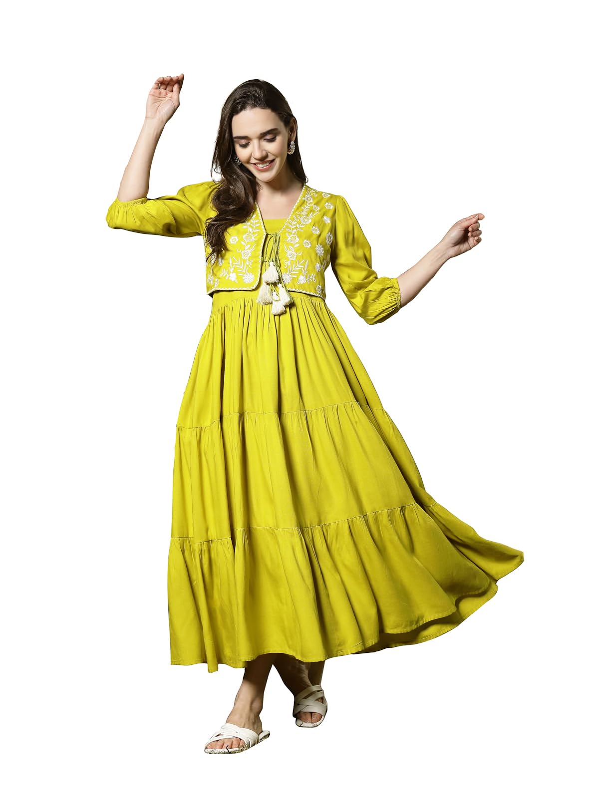 Stylum Women's Solid & Embroidered Rayon Tiered Dress With Jacket (Drscornkay36_Corn, S)