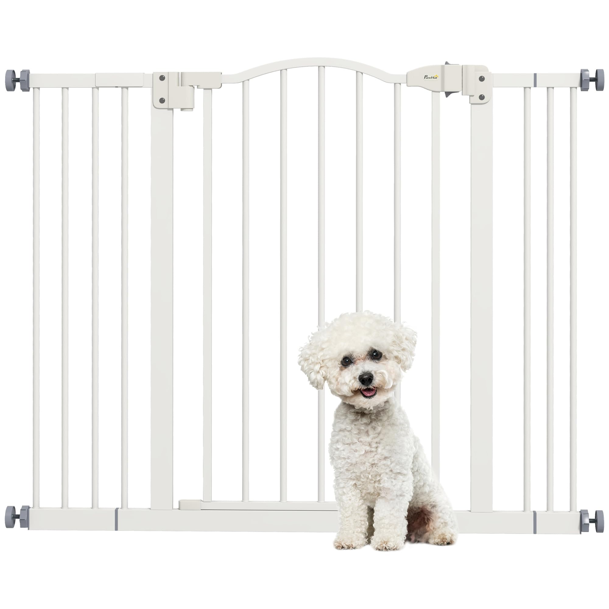 PawHut Barrera de Seguridad para Perros Extensible 74-100 cm, para Puertas y Escaleras, Barrera para Perros Medianos con 2 Extensiones 7/14 cm, Montaje a Presión y Doble Bloqueo, Blanco