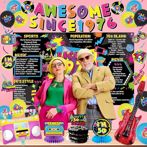 Image of Crenics 80s Theme 1976 50th Birthday Decorations for Men Women | Back in 1976 Backdrop, Awesome Since 1976 Banner, Swirls, Centerpieces and Balloons for 50 Birthday Party Supplies