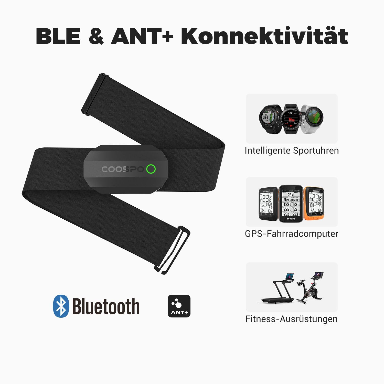 COOSPO H808S Brustgurt Pulsmesser ANT+/Bluetooth Herzfrequenzmesser Sensor, HRM Premium Pulsgurt HRM Messung IP67 wasserdicht, kompatibel mit Polar, Wahoo, Garmin, Zwift, Strava