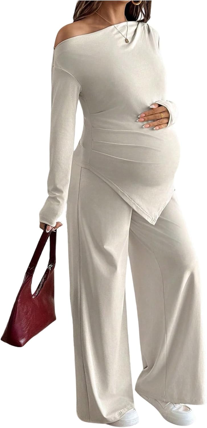 MakeMeChic Women's Maternity Clothes 2 Piece Spring Outfits Asymmetrical Top and Pants Matching Sets Apricot Small