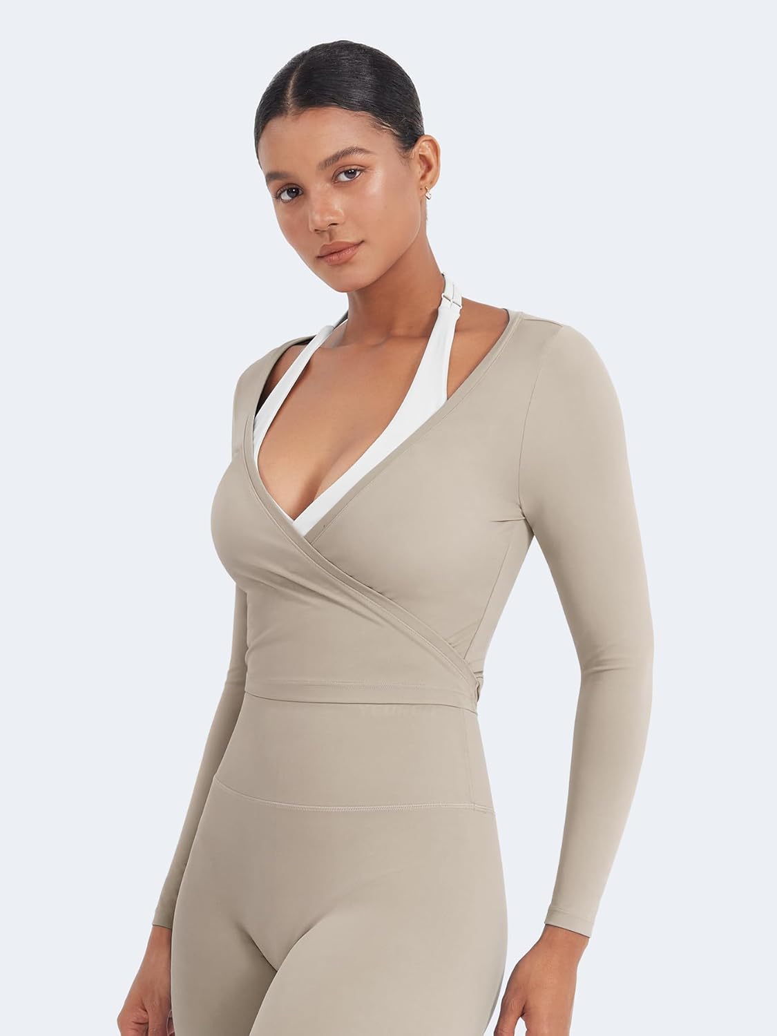 YEOREO Women Pilates Wrap Top Long Sleeve Tie Ballet Workout Yoga Shirt Michelie Y2K V Neck Cropped Tops - Image 3