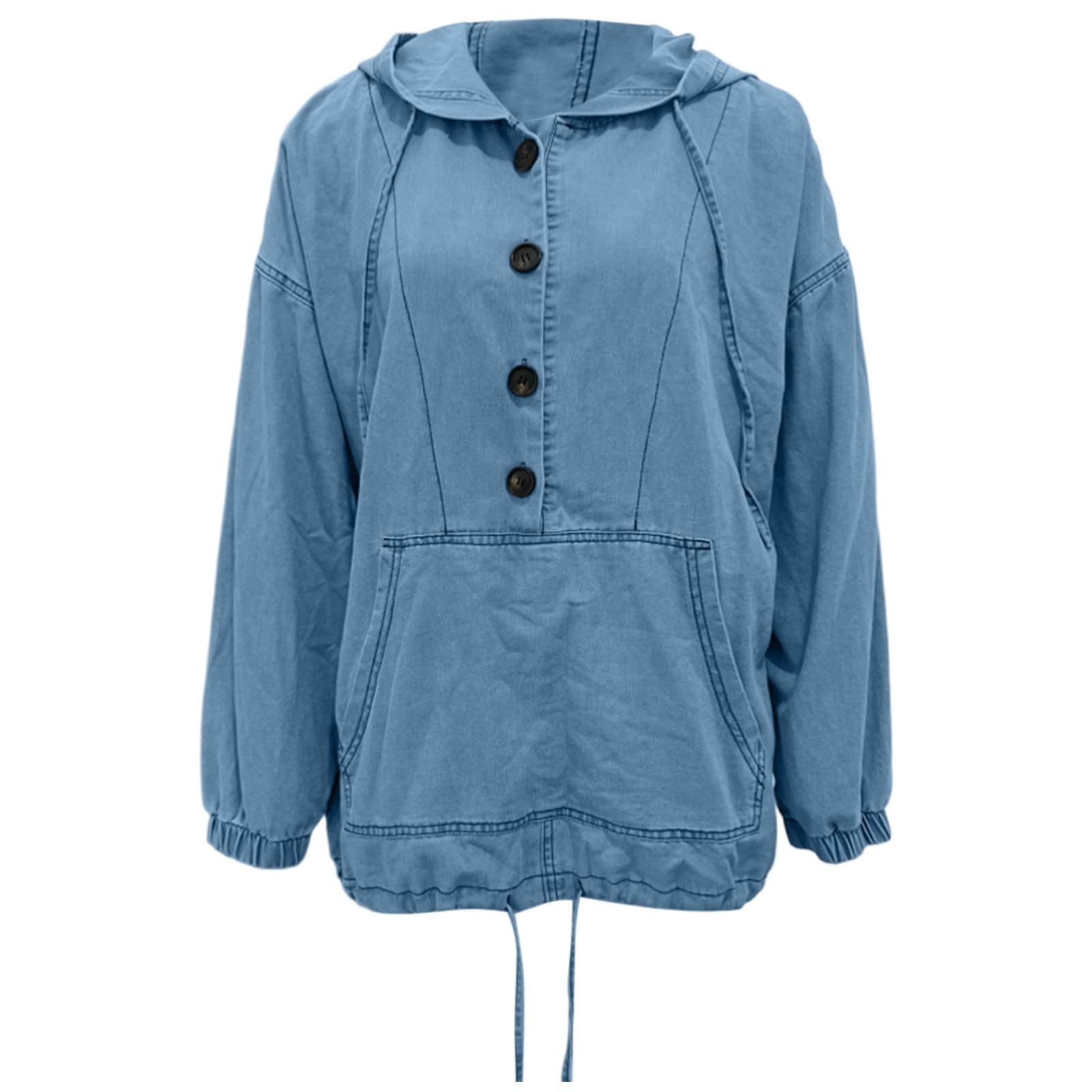 Chaqueta Vaquera con Capucha y Botones, Sudadera Informal con Bolsillos Delanteros para Moda Urbana
