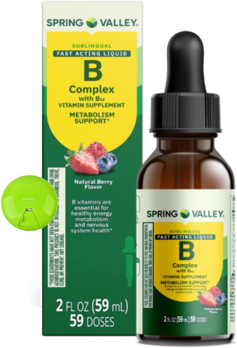 SUREFECT Spring Valley Fast-Acting Liquid B-Complex with B12 - Sublingual Berry Flavor - Metabolism & Energy Support - 2 fl oz (59 Doses) Organizer.