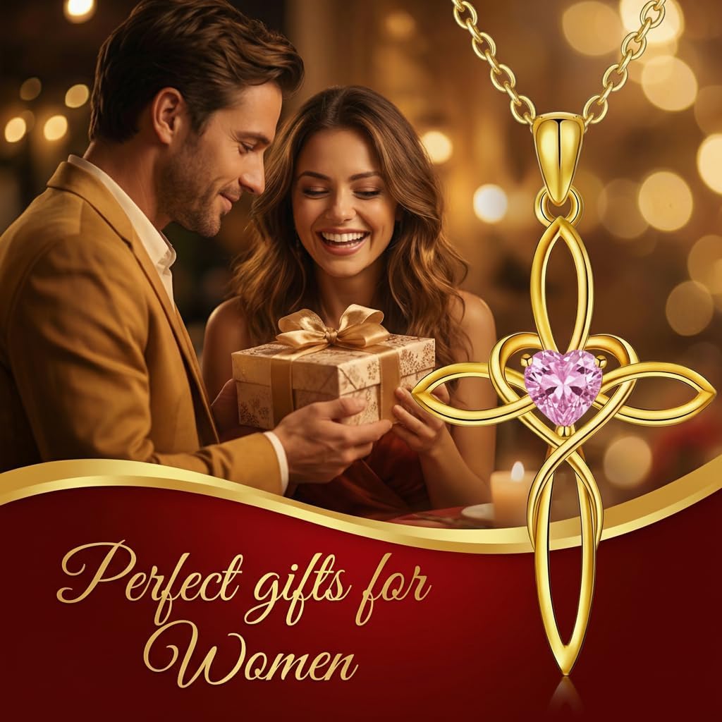 POIUY Celtic Knot Cross Birthstone Necklace for Women, 14KT Gold Plated Irish Infinity Heart Birthstone Cross Pendant Religious Jewelry Valentines Birthday Christmas Baptism Faith Gifts for Mom Wife Her