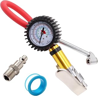 Tire Pressure Gauge with Inflator, 220 PSI Air Pressure Gauge for Tires, 2.5" Pressure Reader, Extended Straight-on Air Chuck Q-049
