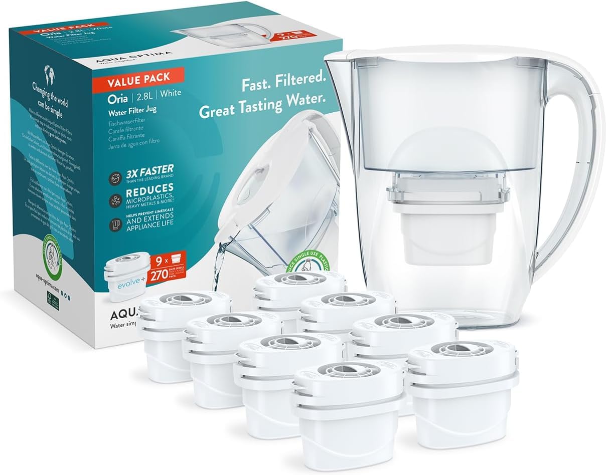 Aqua Optima Oria Water Filter Jug & 9 Evolve+ Filter Cartridges, 2.8L, White - Fridge & Dishwasher Friendly - Reduces Limescale, Chlorine and Other Impurities - By Laica (Packaging May Vary)