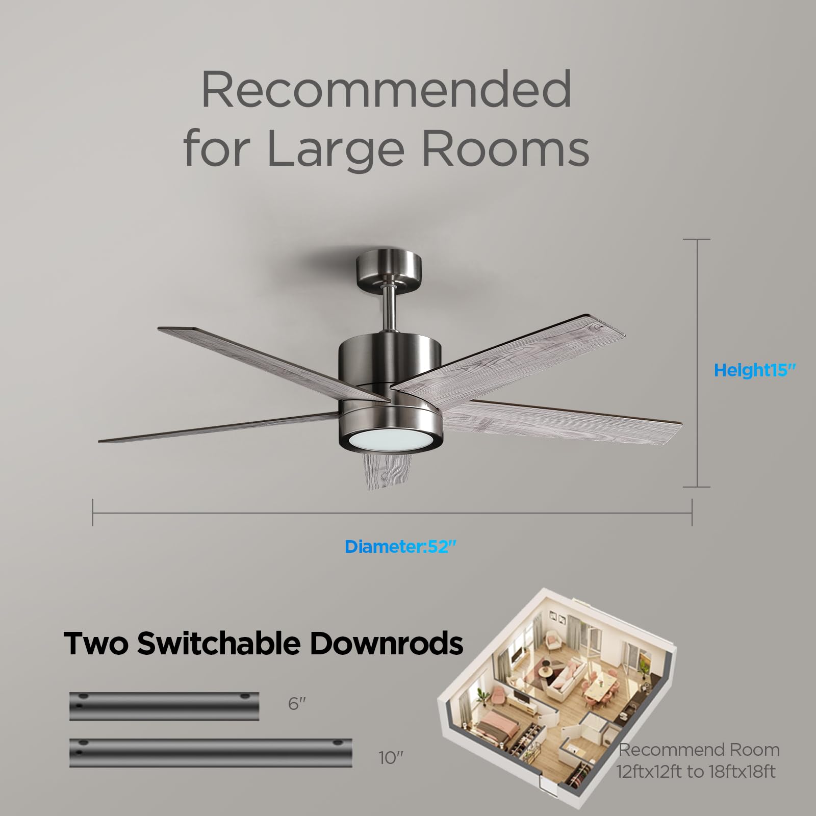Ventilateur Plafond avec Lumiere pour Chambre:132CM Ventilateur Plafond Silencieux - 6 Vitesses Télécommande et LED Dimmable - Convient pour l'hiver et l'été - Gris 5 pagaies - 220 à 240 VV