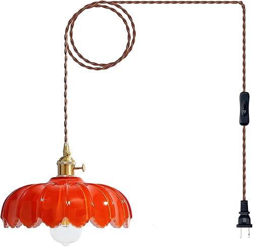 Miniatura 25 de Lámpara colgante enchufable: Lámpara colgante de vidrio ámbar enchufable, cable de lámpara de swag de 14.7 pies con interruptor de encendido/apagado
