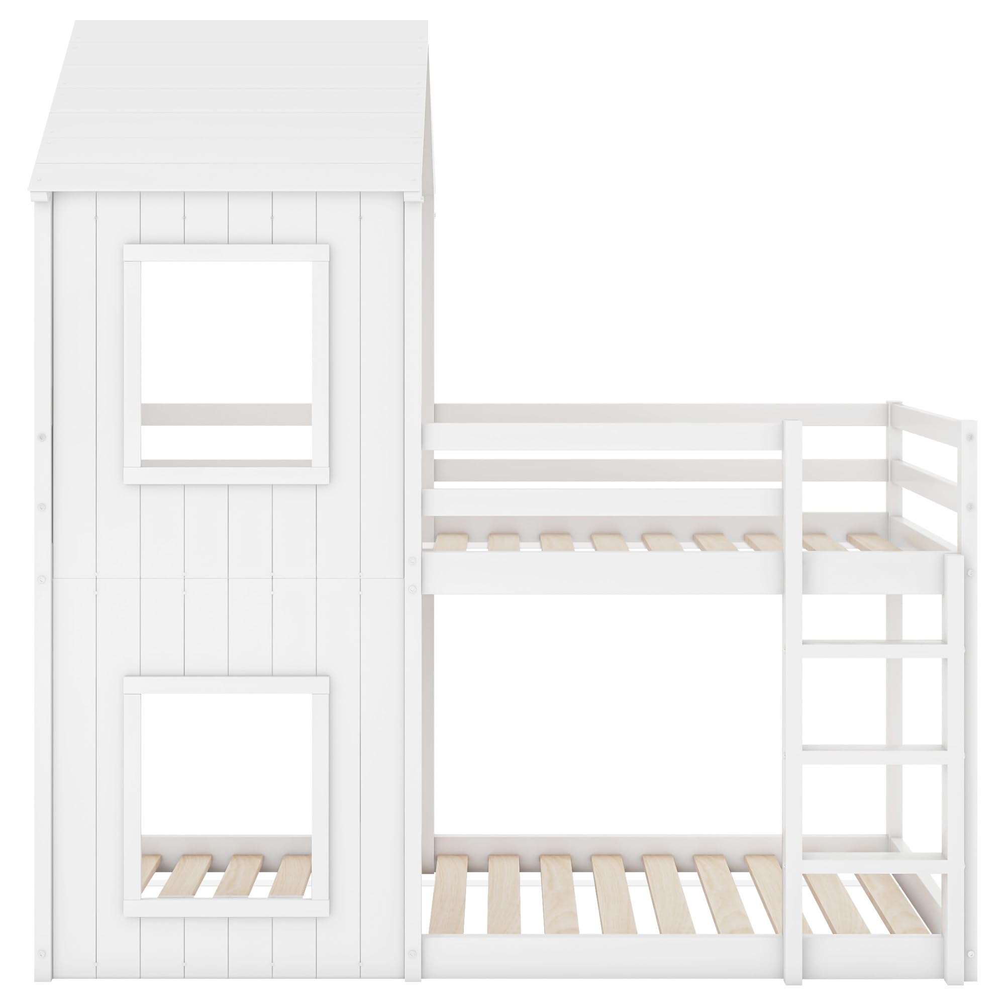 Kinderbett 90x200 Etagenbett für 2 Kinder, Hausbett Hochbett mit Leiter und Baldachin, Baumhausbett Stockbett Kinderhochbett Jugendhochbett mit Rausfallschutz und Lattenrost, Ohne Matratze, Weiß