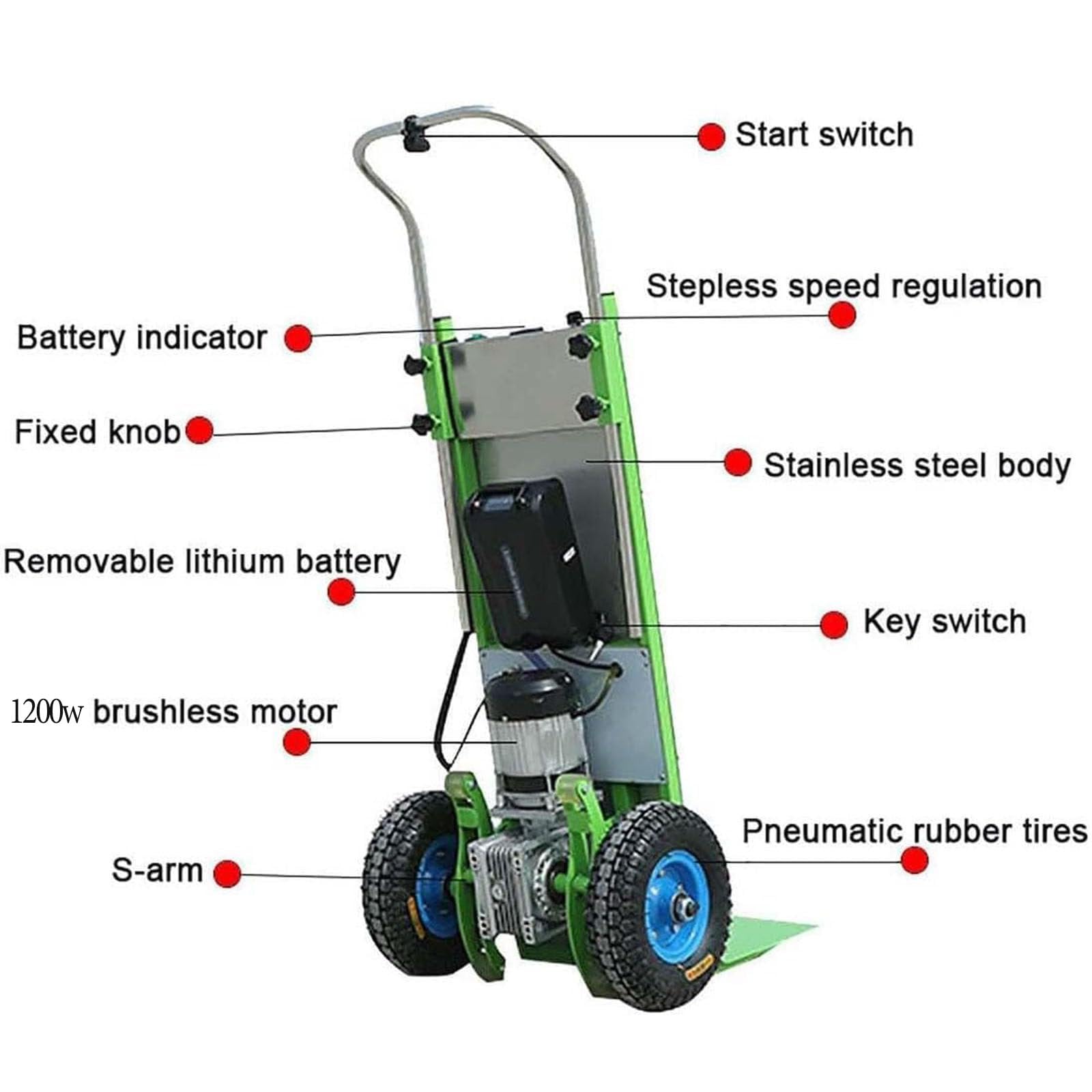 Carrello montascale Elettrico, Scale su E Giù, capacità di Carico (400kg), Batteria Rimovibile (48v/36ah), Motore Senza Spazzole da 1200w, Salva-Lavoro,001