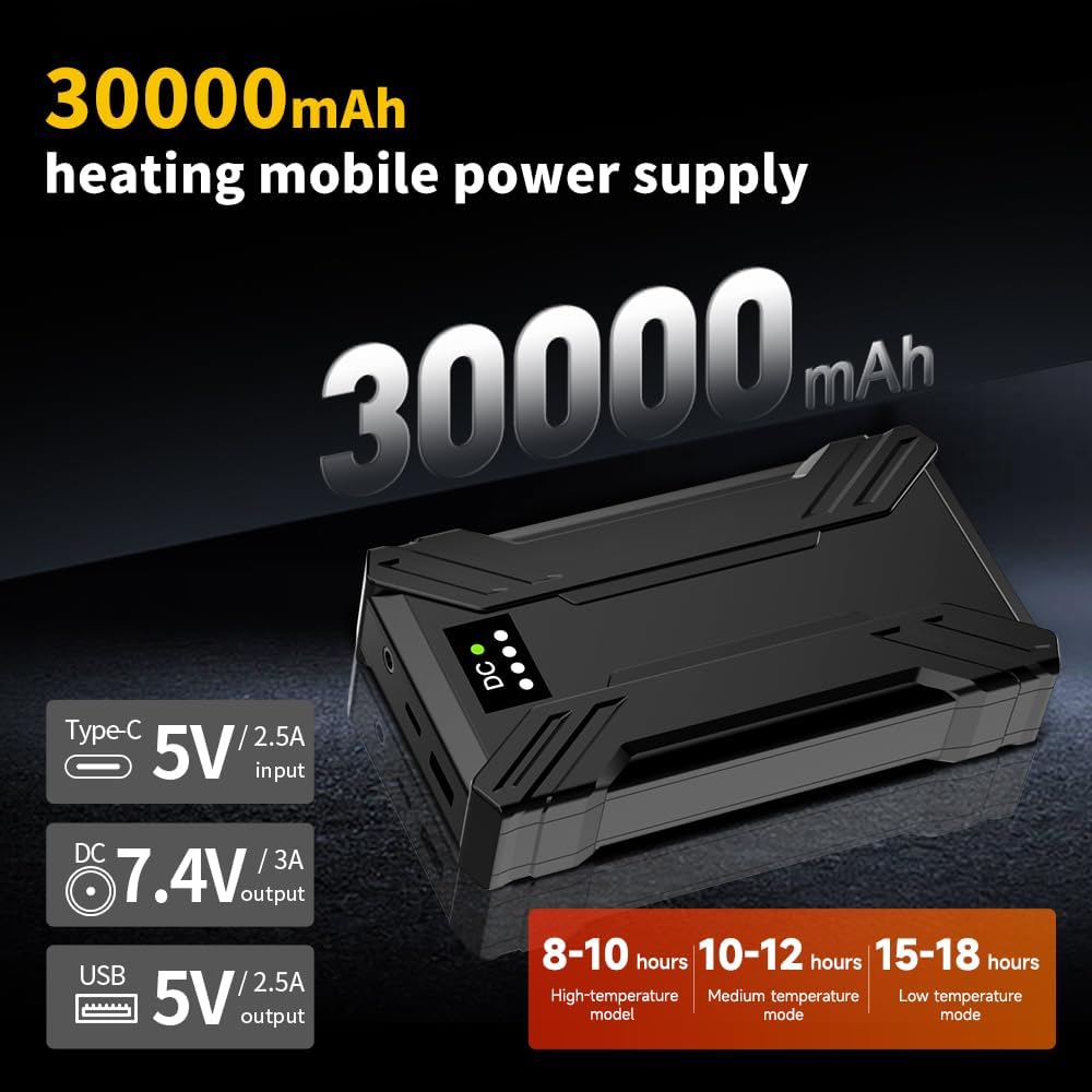 7.4V Heated Vest Battery Pack, 30000mAh Large Capacity Portable Charger, Battery Pack for Heated Vest with LED Display, Rechargeable Power Bank with DC/USB/Type-C Output for Heated Jackets