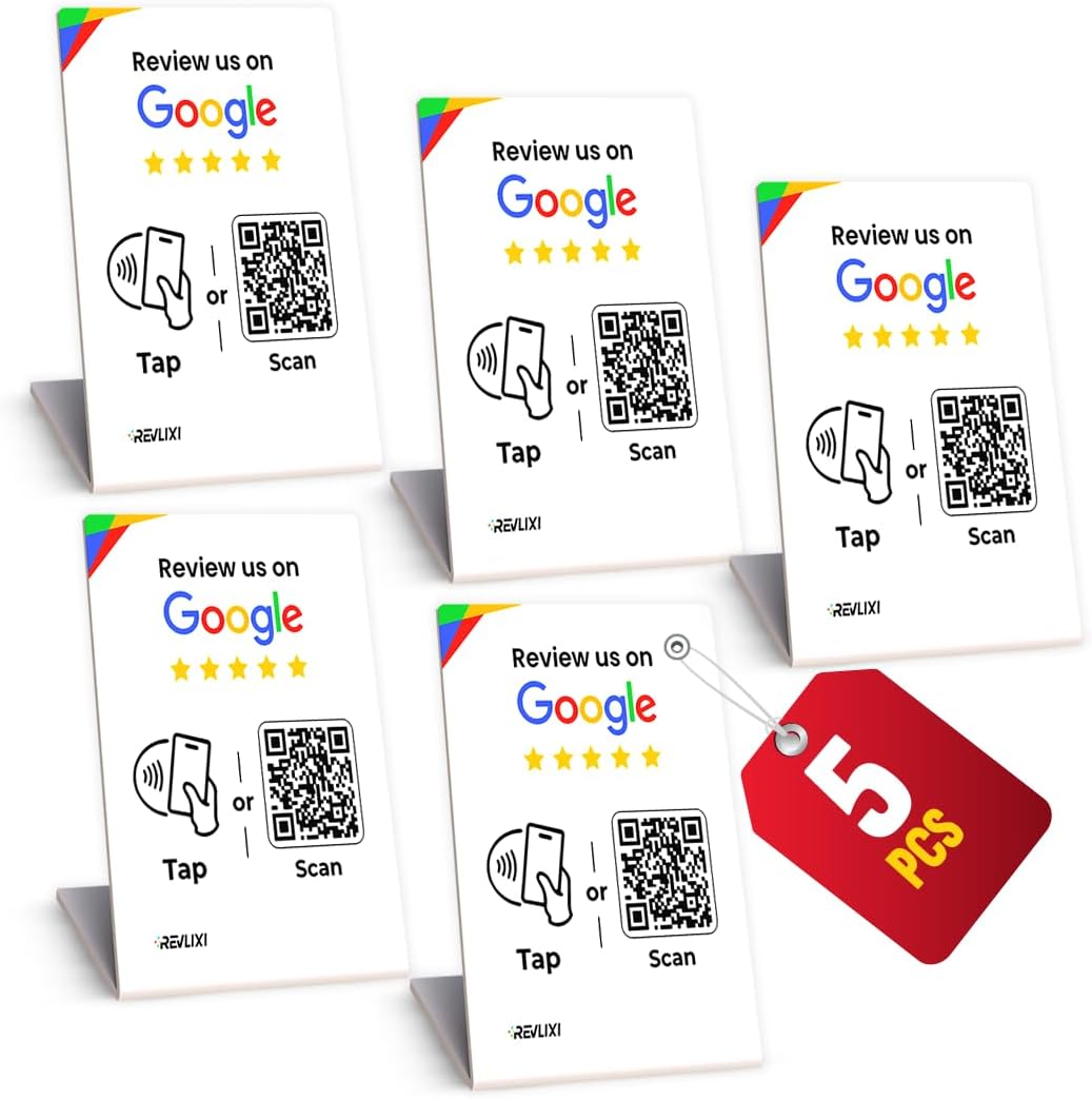 Google Review Stand (5 PCS)- Boost Reviews w/Reusable Google Review Tap Card Stand & QR Code Stand -No App, No Subscription-Android & iPhone Compatible -Boost Google Reviews for Online Growth