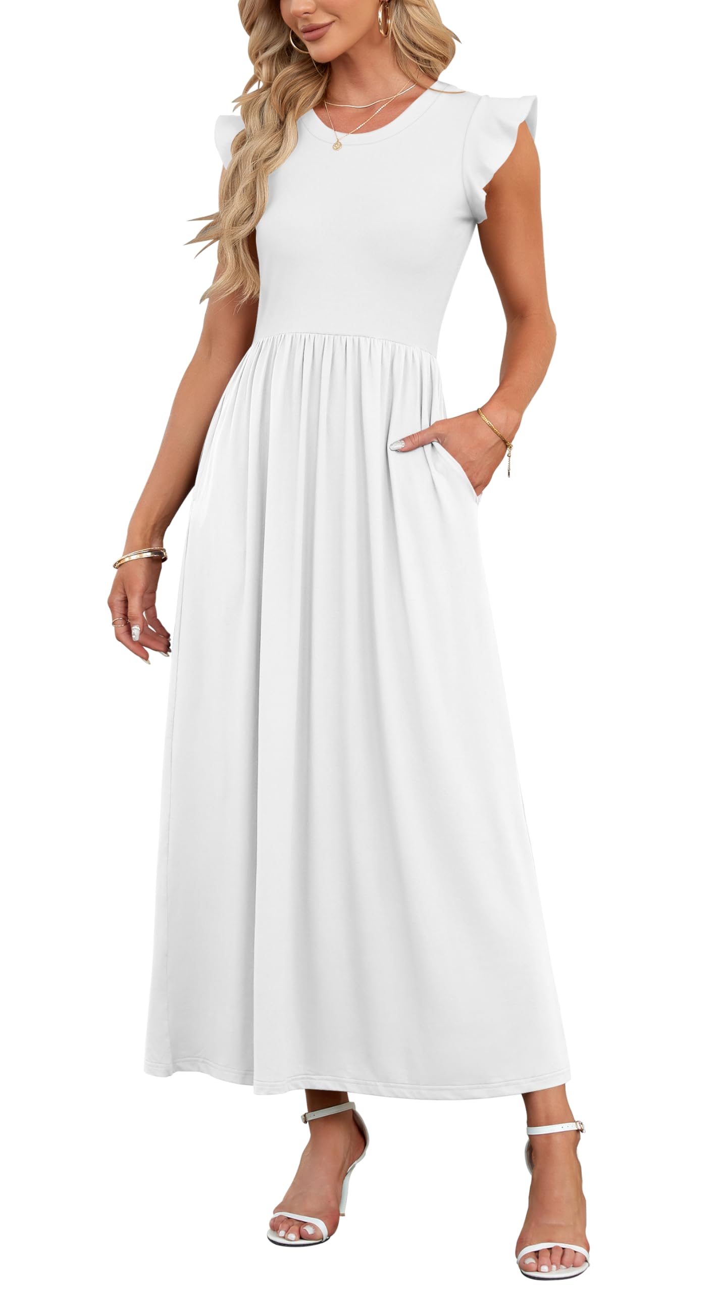AUSELILY Damen Sommer Rundhalsausschnitt Maxi Kleid mit Taschen Kurzarm und Rüschen Lässiges Hohe Taille Langes Lockeres Bodenlanger Rock