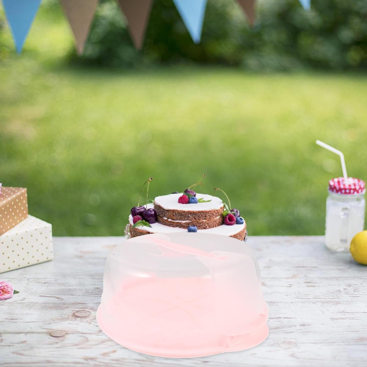 Reusable 8-inch Pink Cake Carrier Box with Dome Lid, Portable Handheld Dessert Container for Birthday Cakes and Baking Storage