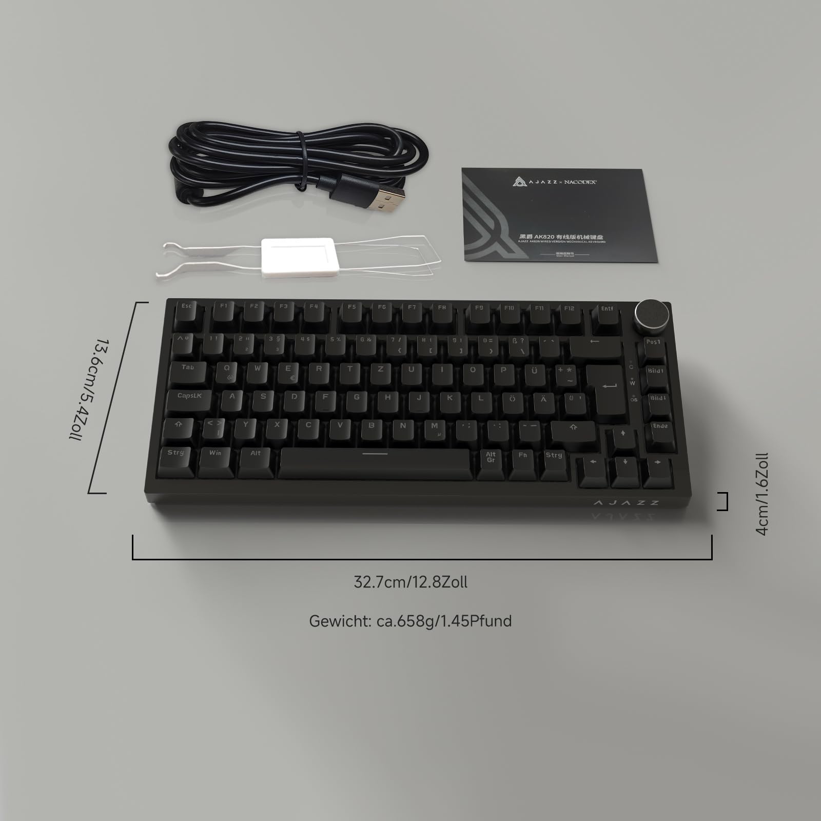 AJAZZ AK820 75% Hot Swappable Wired Mechanical Keyboard, German QWERTZ Layout, PBT Keycaps, 82-Keys Gaming Keyboard, Black