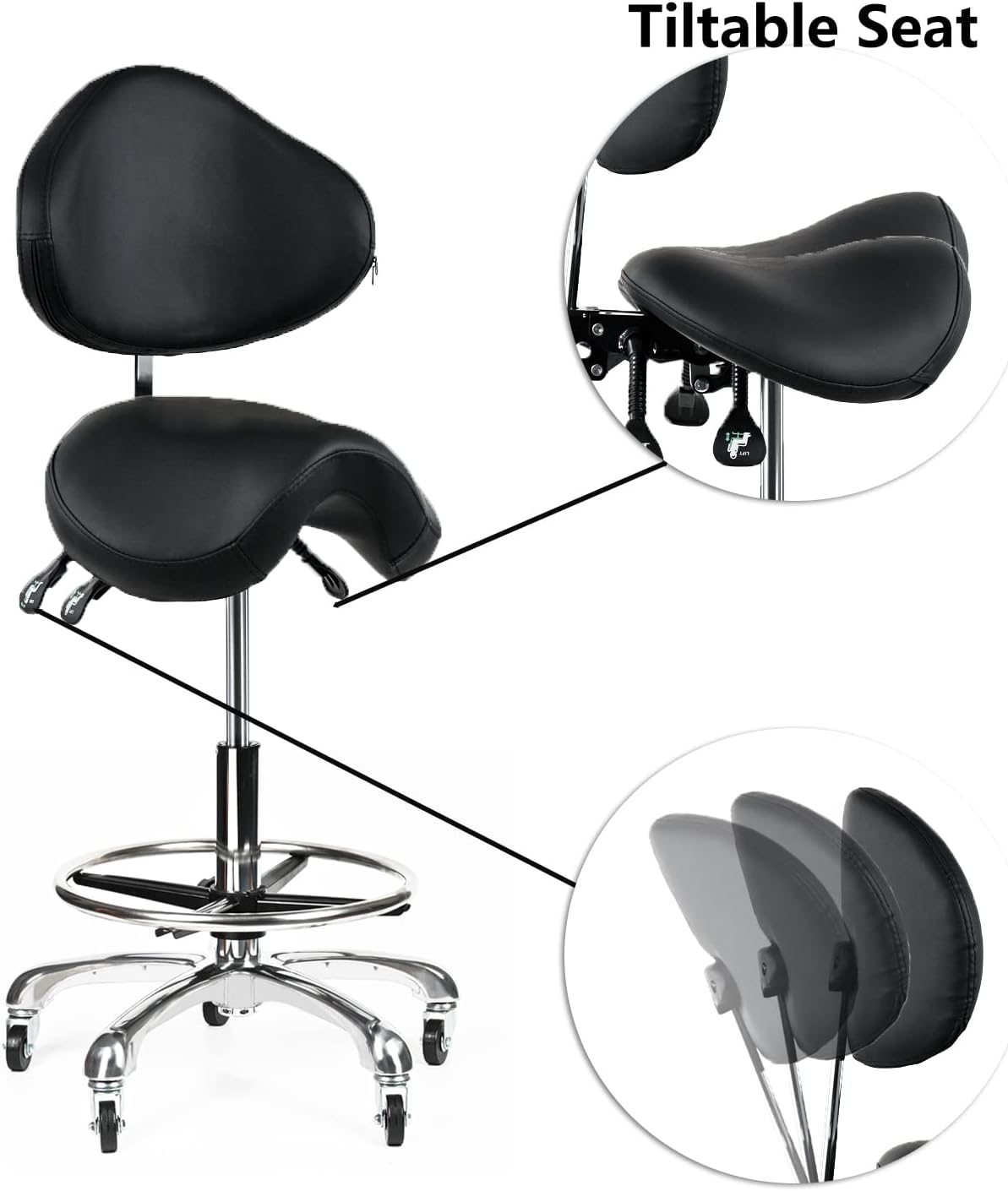 Saddle Stool Rolling Chair Tall with Backrest Foot Rest Hydraulic Swivel Adjustable Height Ergonomic Tilt Thick Seat with Casters for Dental Hygienist Eyelash Technician Hairstylist Black