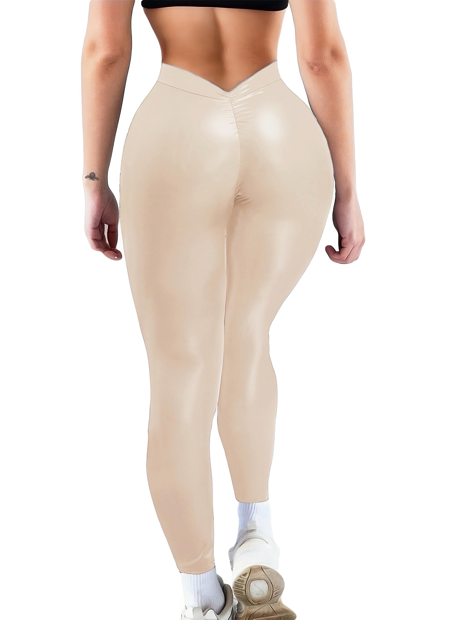 MstaadFaux Leather V-Back Leggings for Women High Waisted Tummy Control Sexy Fashion Ruched Butt Stretch Pu Pleather Tights