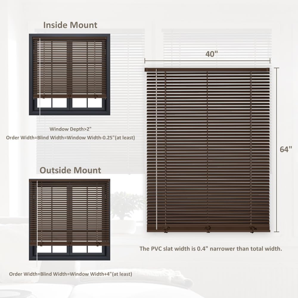 Kokorona Cordless Mini Blinds Horizontal Venetian Blinds Vinyl Window Shades Light Filtering Privacy Room Darkening Blinds for Bedroom, Kitchen, Office, 40" W X 64" H, Brown