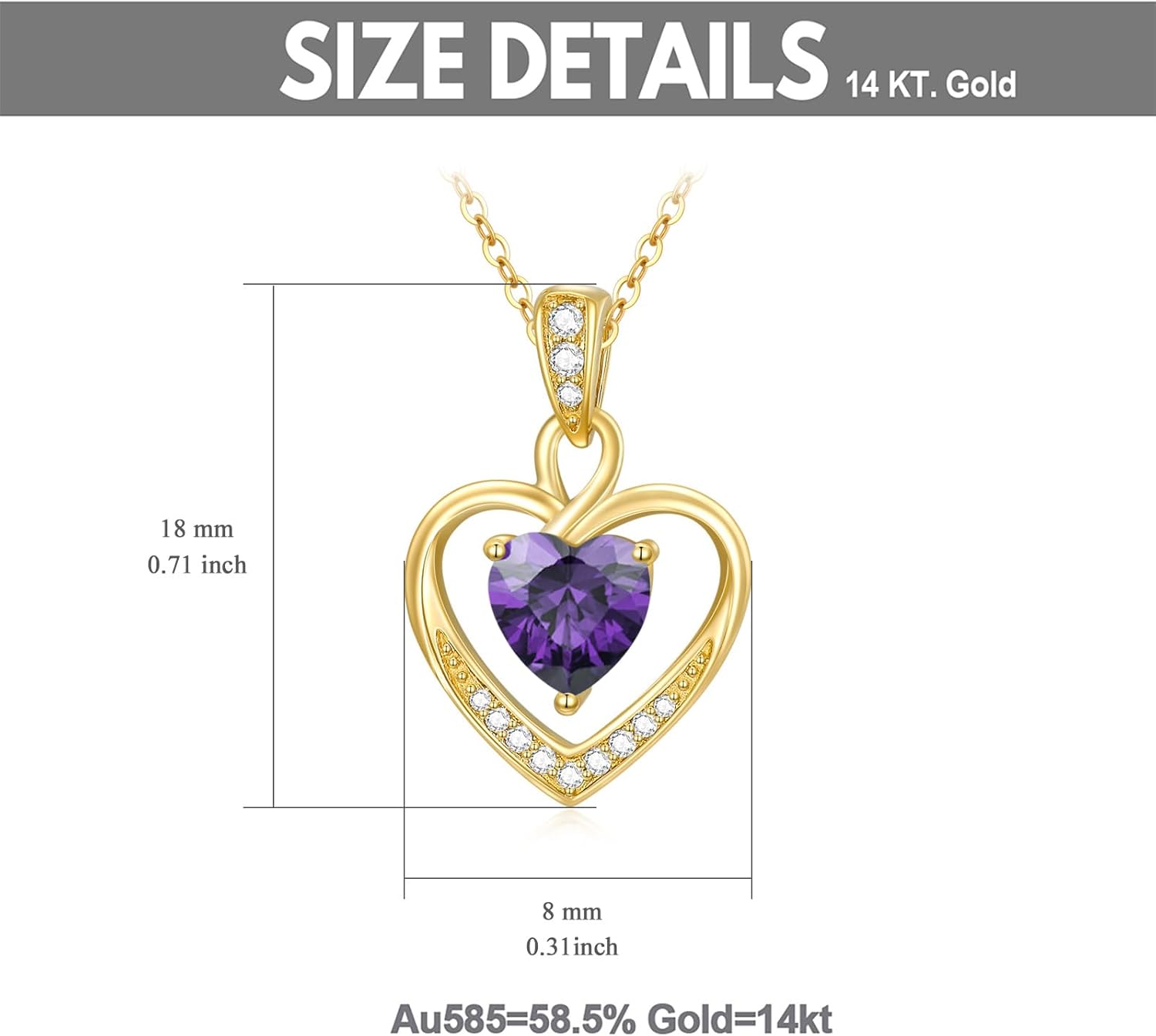 14K Gold Birthstone Heart Necklace for Women, Dainty Yellow Gold Colored Gemstone Love Heart Pendant Forever Love Jewelry Gift for Her,Mom, Wife 16"-18" - Image 6