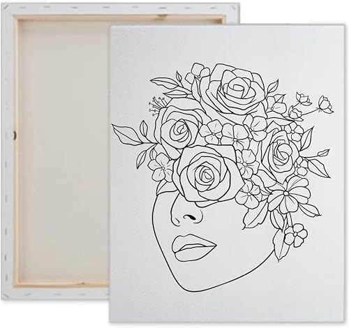 Essenburg Pre Drawn Canvas Side Flower Lady Paint Kit Adult & Teen Sip and Paint Party Favor DIY Date Night Couple Activity (S 8X10 PAINT, EASLE,