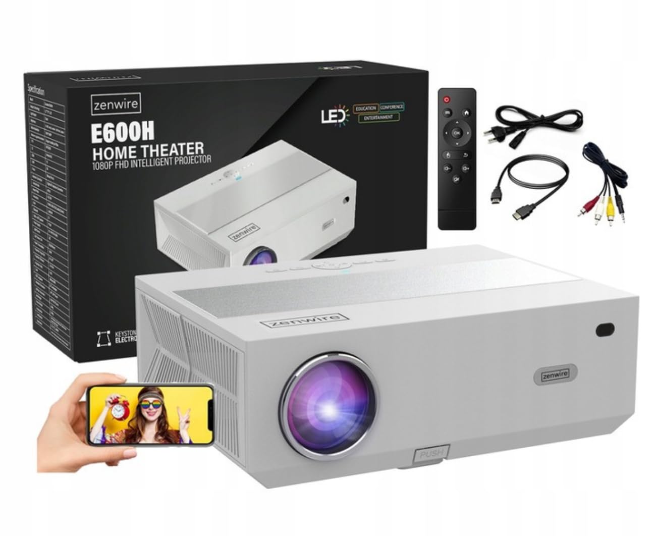 E600H Proyector de cine en casa Proyector LED Video Android 9.0 Smart TV 5.7" Full HD 4K 13500LM 450 Ansi 5000:1 WiFi 2.4/5GHz Bluetooth 5.1 para teléfono/PC/PS5/Xbox/HDMI/4K-Home Cinema