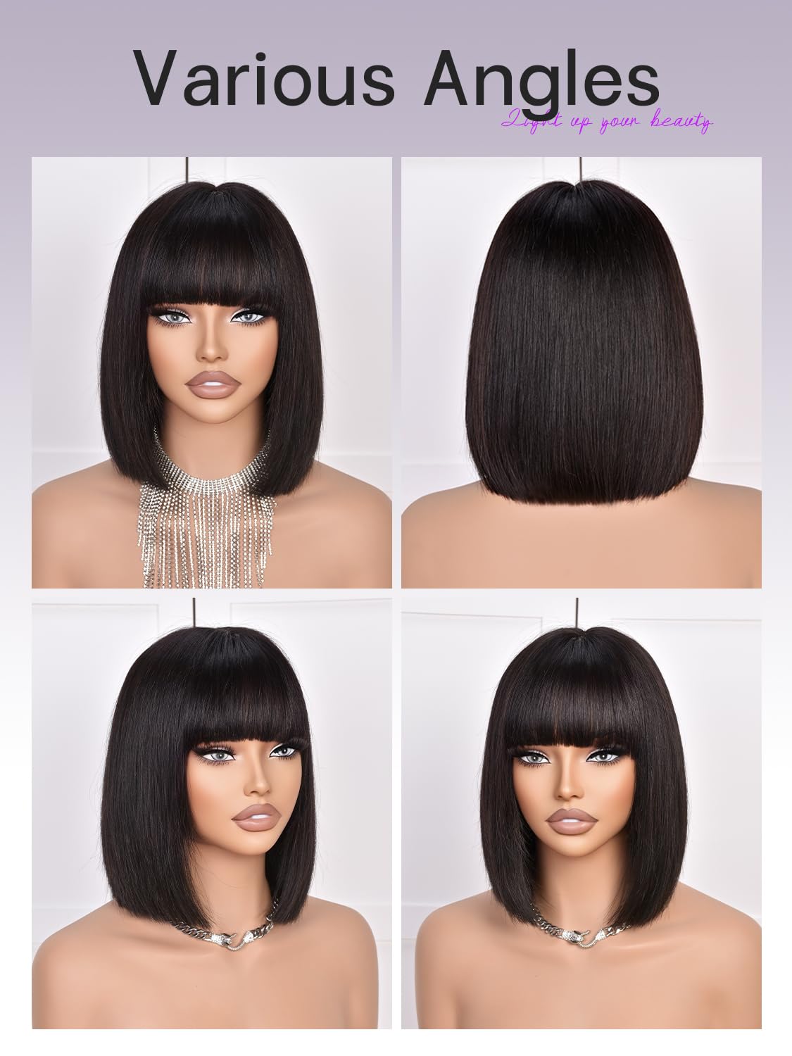 Bob Wig Human Hair 210% Density Bob Wig with Bangs 100% Human Hair Wigs for Black Women Pre-Bleached Glueless Straight Bob Wigs(10Inch,black bob wig)