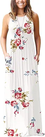 GRECERELLE Women's Sleeveless Racerback Maxi Dress Floral Print Casual Long Dresses with Pockets