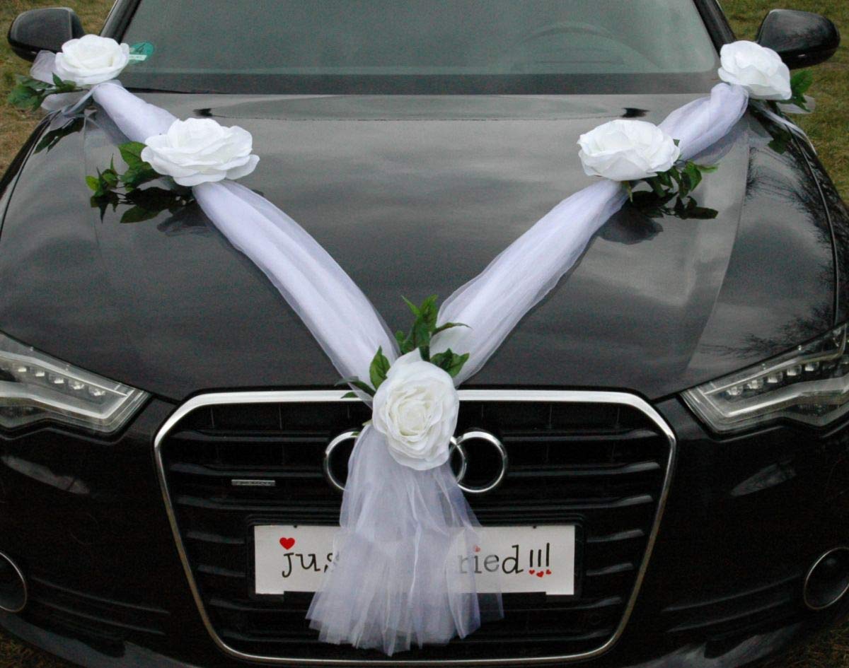 Guirnalda XXL de organza para novia, pareja, orquídea, camelia, decoración de boda, coche, decoración para coche (blanco/blanco)
