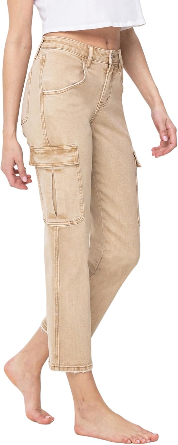 VERVET High Rise Relaxed Straight Cargo Jeans Tan V3417