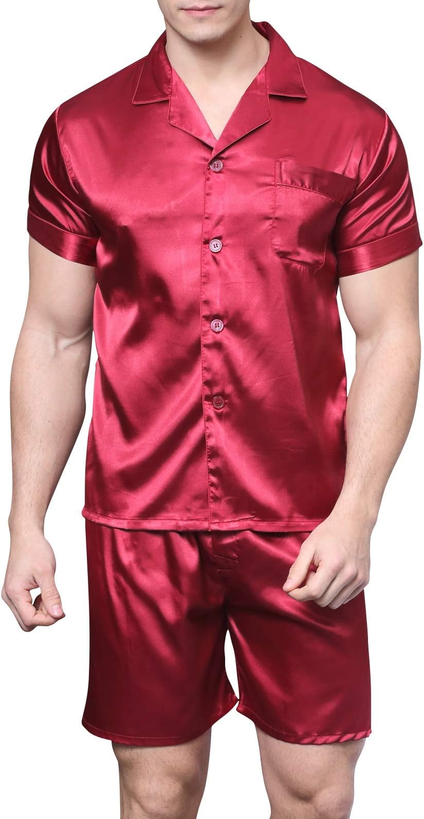 Men's Satin Pajamas Short Button-Down Pj Set Sleepwear Loungewear