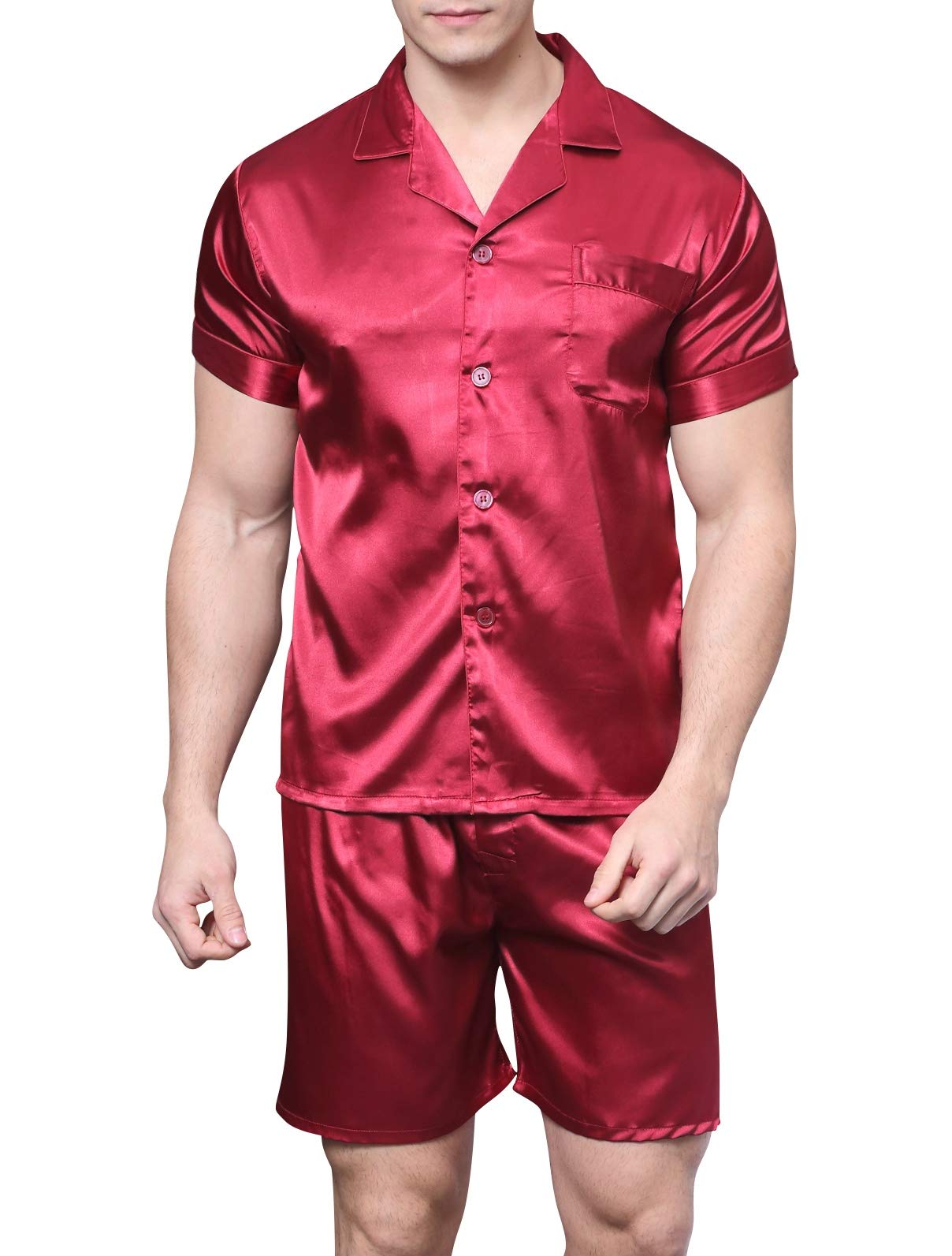 SanraflicMen's Satin Pajamas Short Button-Down Pj Set Sleepwear Loungewear
