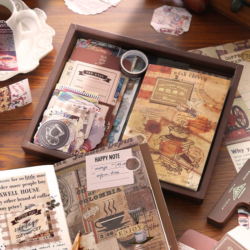 Image of 348 Pcs Scrapbook Kit Vintage Aesthetic Scrapbook Kit for Bullet Junk Journal Stationery A6 Grid Notebook, DIY Journaling Supplies, Birthday Craft Gift (Coffee)