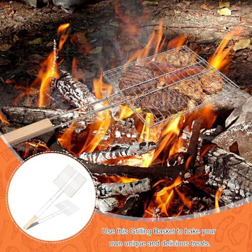 2 Pcs Grilling Basket Stainless with 21" Long Heat-resistant Steel Grill Basket Wooden Handles for Outdoor Wood Stove Flip Grills Cooking Portable Camping Rack for Meat Gifts for Men Dad by ElaraBerry - Image 2