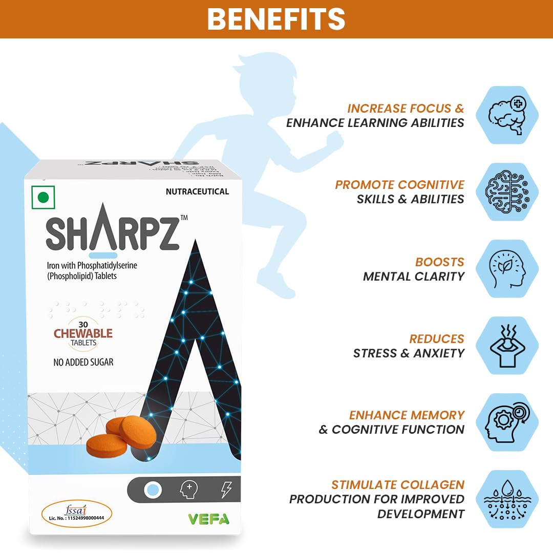 Sharpz Brain Supplement I Phospholipid (Phosphatidylserine) & Iron Supplement | Memory and Focus I No Added Sugar | 30 Chewable Tablets 3