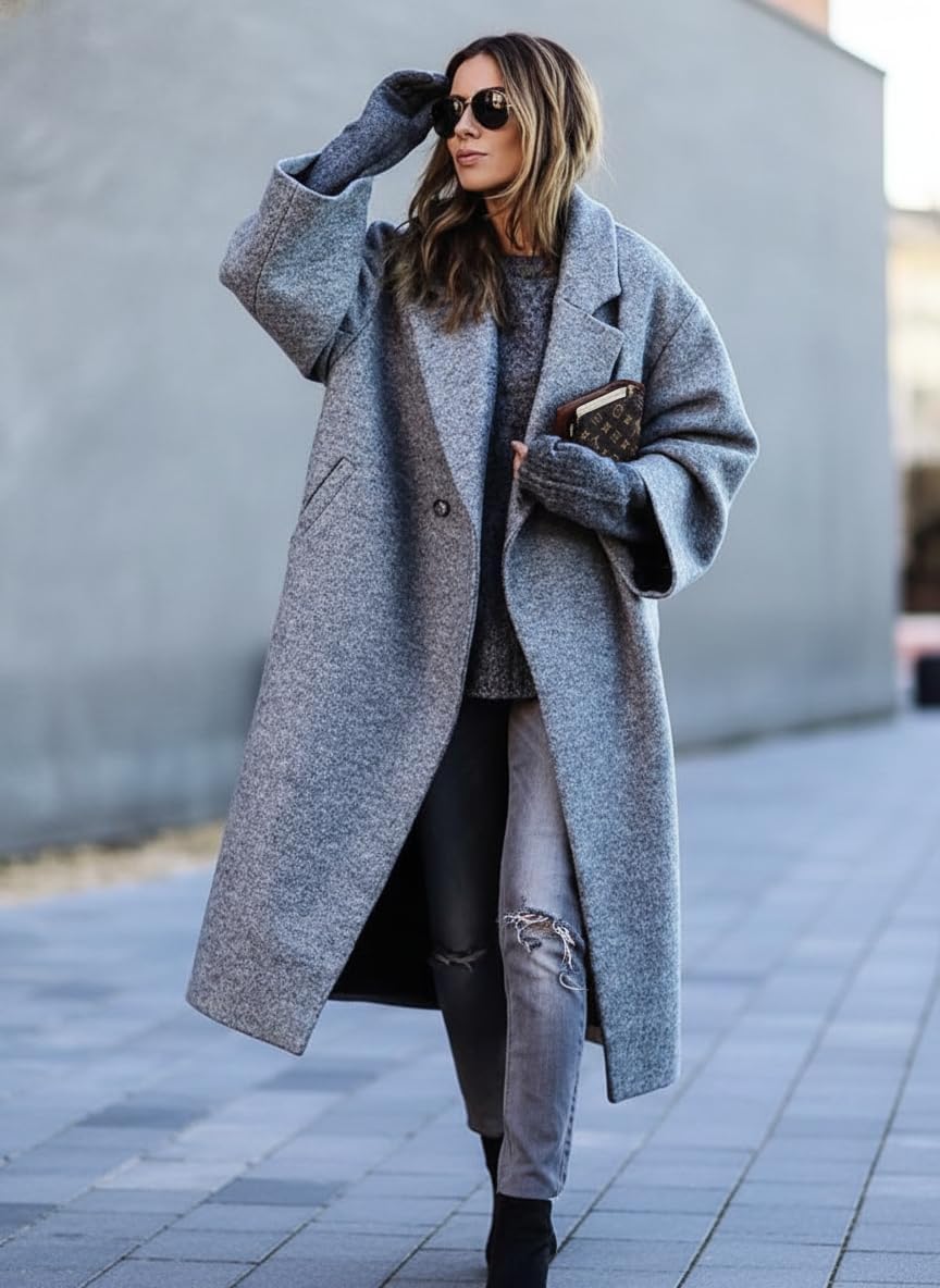 TIAFORD Women's Winter Lapel Wool Blend Trench Pea Coat Casual Single Breasted Oversized Warm Overcoat Jacket with Pockets - Image 3