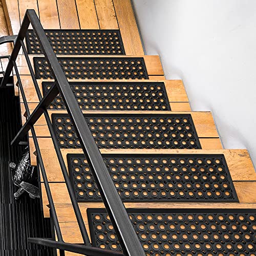 Ottomanson Indoor/Outdoor Hose-Wash Holes Design Non-Slip Rubber 10" X 30" Modern Stair Treads For Stairs, Garage, Patio, 5 Pack, Black Holes #TOP5