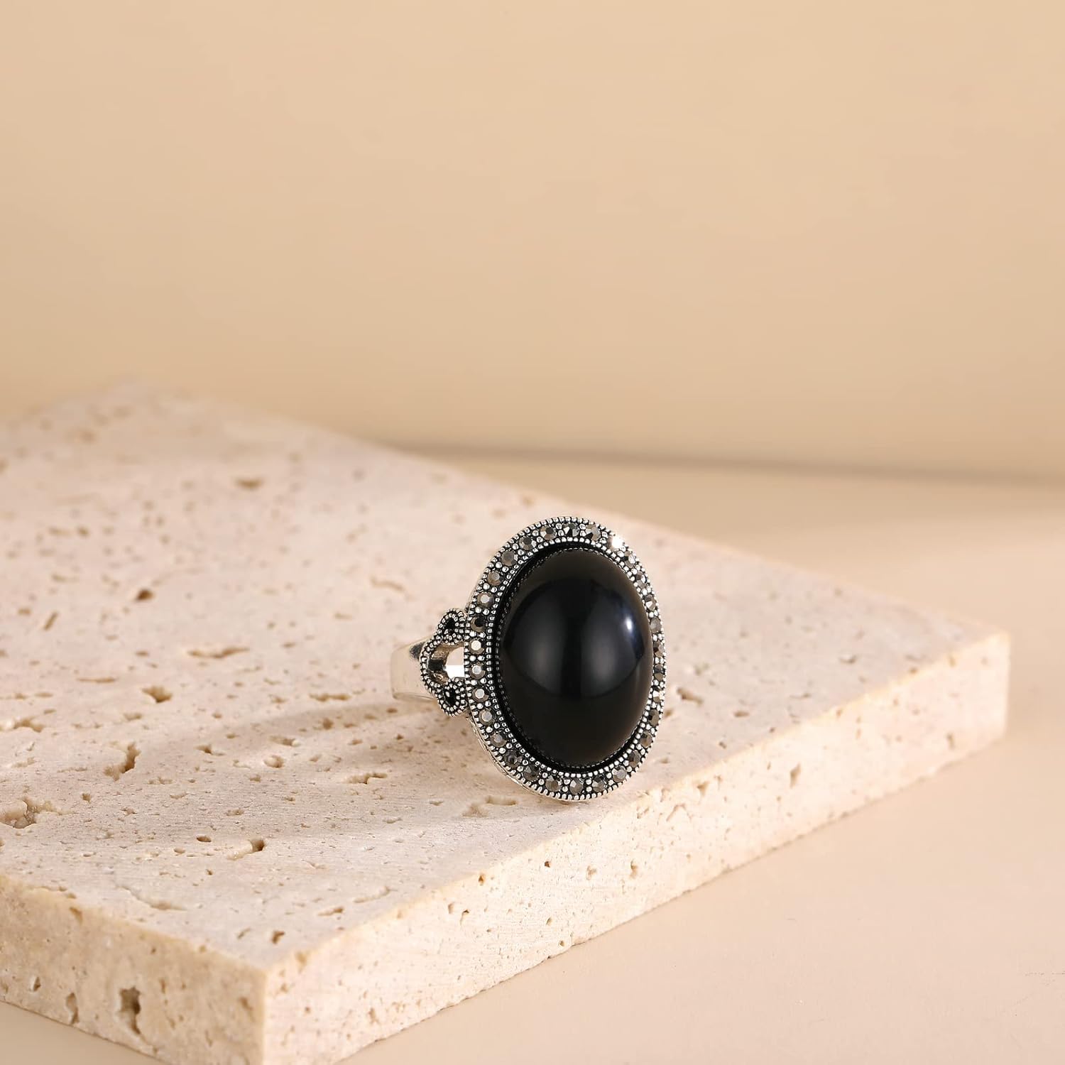 Black Retro Marcasite Rings for Women, Fashion Cocktail Statement Rings Costume Vintage Crystal Big Onyx Stone Rings Jewelry for Her - Image 5